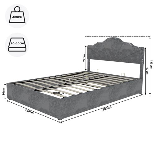 Lit Coffre Double 160×200 Cm - Capitonné Haut Moderne - Vérin - Lit Adulte - Tissu - Gris