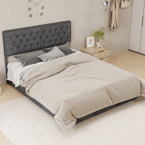 Lit Coffre Double 160x200 - Tête De Lit Rembourrée - Système Hydraulique - Velours Gris