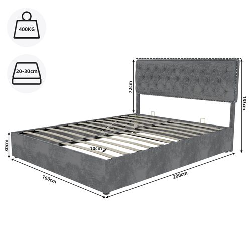 Lit Coffre Double 160x200 - Tête De Lit Rembourrée - Système Hydraulique - Velours Gris
