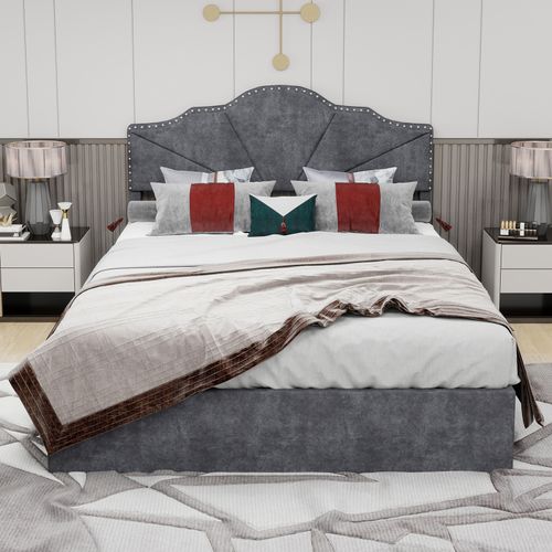 Lit Coffre Double 140×200 Cm - Lit Ado Moderne Doux - Haut Capitonné - Vérin - Tissu - Gris