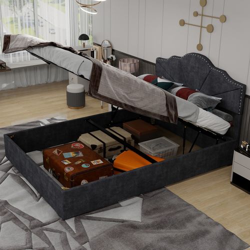 Lit Coffre Double 140×200 Cm - Lit Ado Moderne Doux - Haut Capitonné - Vérin - Tissu - Gris