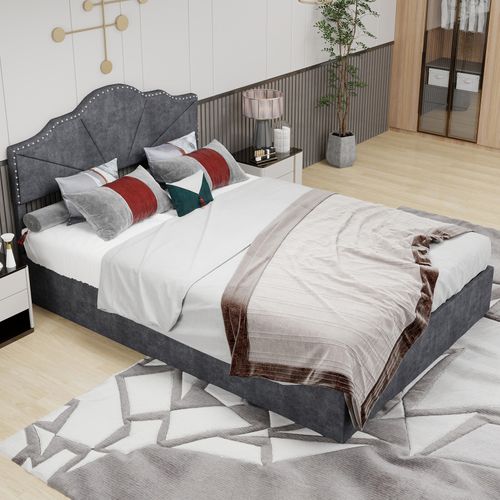 Lit Coffre Double 140×200 Cm - Lit Ado Moderne Doux - Haut Capitonné - Vérin - Tissu - Gris