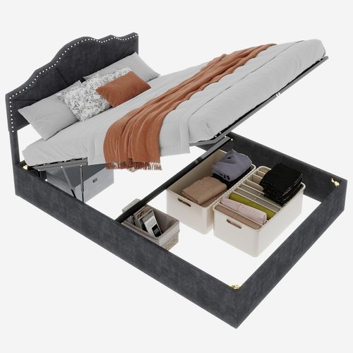 Lit Coffre Double 140×200 Cm - Lit Ado Moderne Doux - Haut Capitonné - Vérin - Tissu - Gris