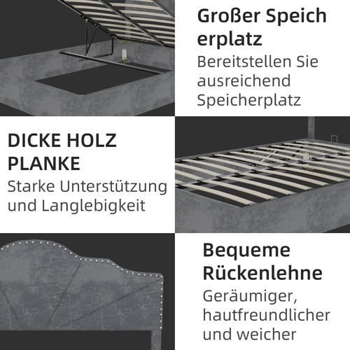 Lit Coffre Double 140×200 Cm - Lit Ado Moderne Doux - Haut Capitonné - Vérin - Tissu - Gris