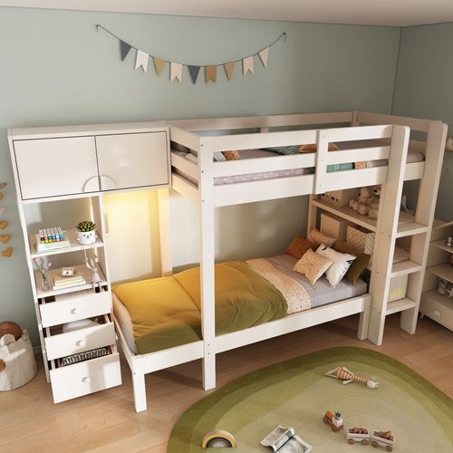 Lit Superposé 90x200 Cm - Rangement Intégré - Tiroirs - Étagères - Bois Massif + Mdf - Blanc