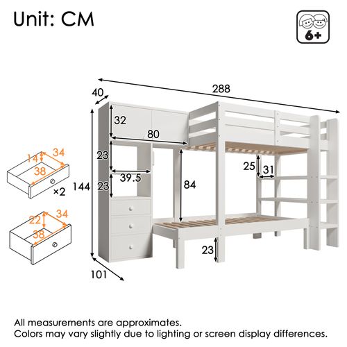 Lit Superposé 90x200 Cm - Rangement Intégré - Tiroirs - Étagères - Bois Massif + Mdf - Blanc