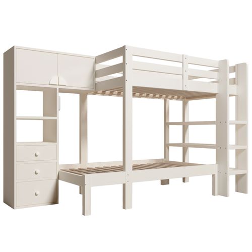 Lit Superposé 90x200 Cm - Rangement Intégré - Tiroirs - Étagères - Bois Massif + Mdf - Blanc