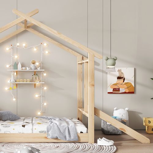Lit Cabane Enfant 90x200 Cm - Maison - Toboggan - Tableau Blanc - Sommier Inclus - Pin - Naturel