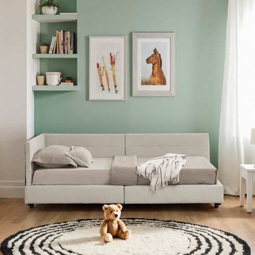 Lit Banquette 90x200 Cm - Haut Dossier - Velours Doux - Design Élégant - Beige