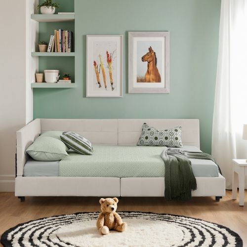 Lit Banquette Double 160x200 Cm - Velours Doux - Structure Bois Et Métal - Beige