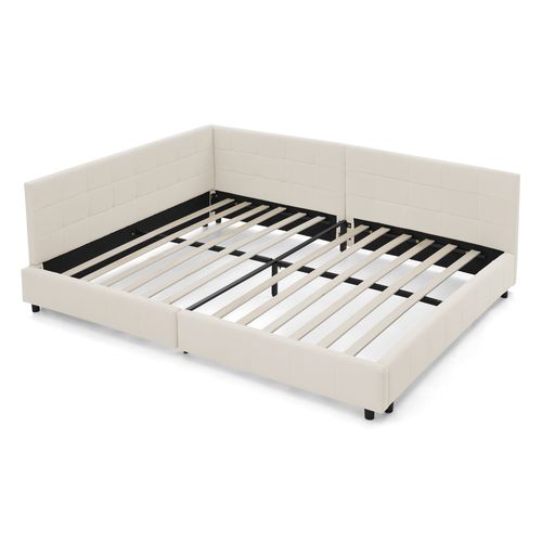 Lit Banquette Double 160x200 Cm - Velours Doux - Structure Bois Et Métal - Beige