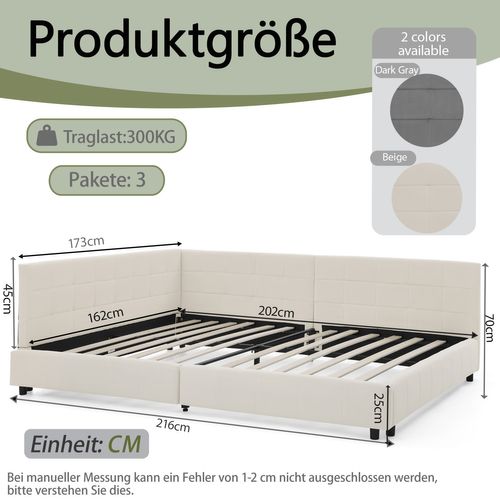 Lit Banquette Double 160x200 Cm - Velours Doux - Structure Bois Et Métal - Beige