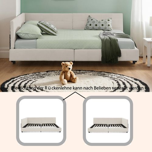 Lit Banquette Double 160x200 Cm - Velours Doux - Structure Bois Et Métal - Beige