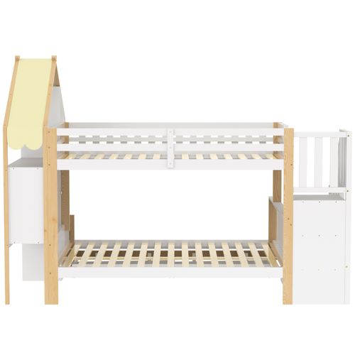 Lit Superposé 90x200 Cm - Avec Escalier - Tiroirs - Rangement - Mdf - Style Cabane - Blanc