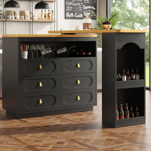 Table Bar Pivotante - 360° - Tiroirs - Compartiments Rangement - Meuble Bar Pratique - Mdf- Noir