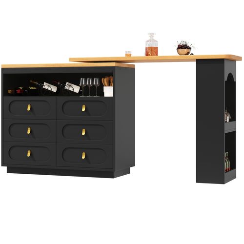 Table Bar Pivotante - 360° - Tiroirs - Compartiments Rangement - Meuble Bar Pratique - Mdf- Noir