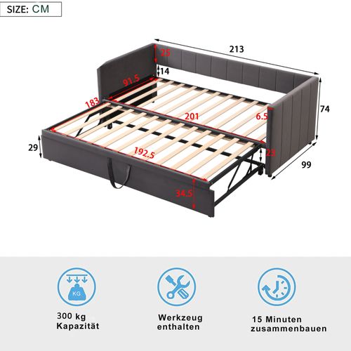 Lit Gigogne 90/180x200 - Lit Multifonction Pour Chambre Avec Sommier - Design Fonctionnel - Gris