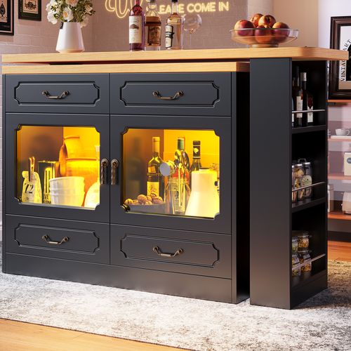 Table De Bar - Meuble Bar Extensible - Table Pivotante - Éclairage LED - Buffet Bar - Mdf - Noir