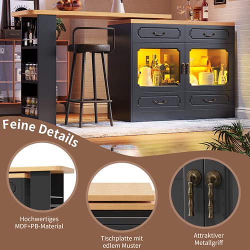 Table De Bar - Meuble Bar Extensible - Table Pivotante - Éclairage LED - Buffet Bar - Mdf - Noir
