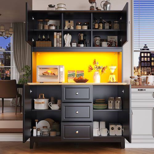 Buffet Haut - LED - 4 Portes - 3 Tiroirs - Contrôle Via Application - Noir