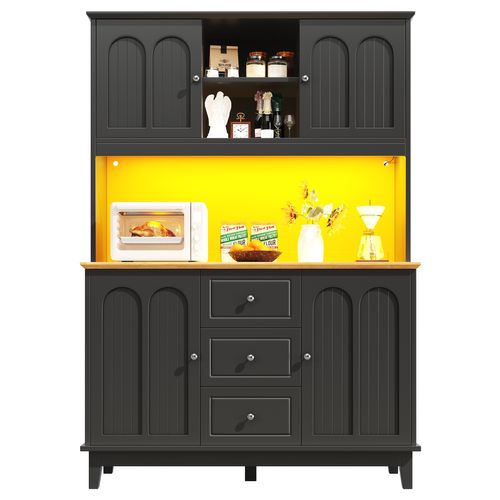 Buffet Haut - LED - 4 Portes - 3 Tiroirs - Contrôle Via Application - Noir