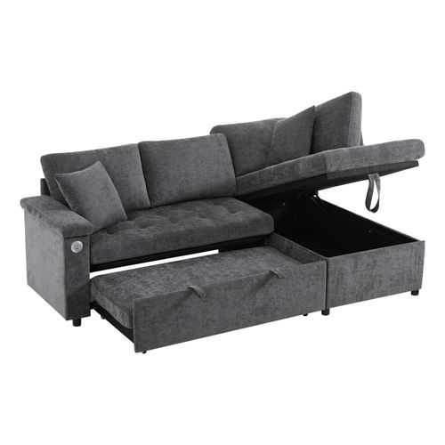 Canapé Convertible Moderne - Coffre De Rangement - Port USB - Tissu - Gris