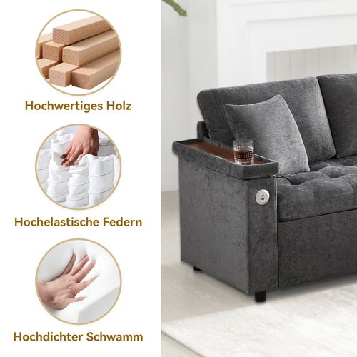 Canapé Convertible Moderne - Coffre De Rangement - Port USB - Tissu - Gris