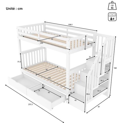 Lit Superposé 90x200 Cm - Multifonction - Tiroirs Et Étagère - Structure Fiable Et Stable - Blanc