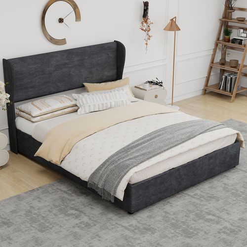 Lit Coffre 160×200 Cm - Tête De Lit Douce - Rangement Levage Hydraulique - Moderne - Velours - Gris