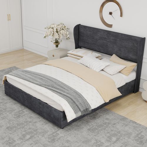 Lit Coffre 160×200 Cm - Tête De Lit Douce - Rangement Levage Hydraulique - Moderne - Velours - Gris