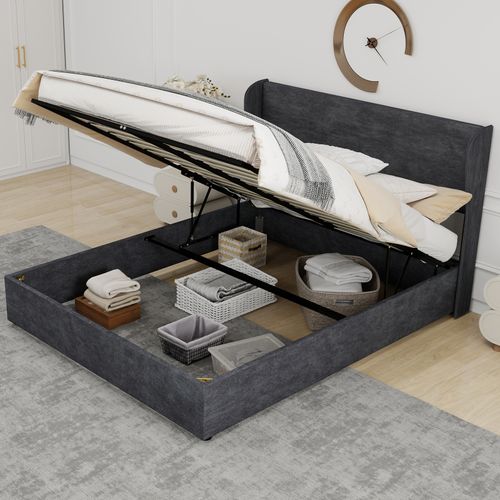 Lit Coffre 160×200 Cm - Tête De Lit Douce - Rangement Levage Hydraulique - Moderne - Velours - Gris