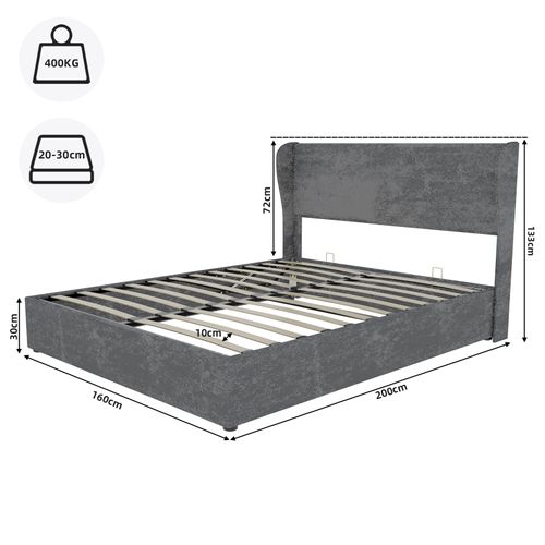 Lit Coffre 160×200 Cm - Tête De Lit Douce - Rangement Levage Hydraulique - Moderne - Velours - Gris