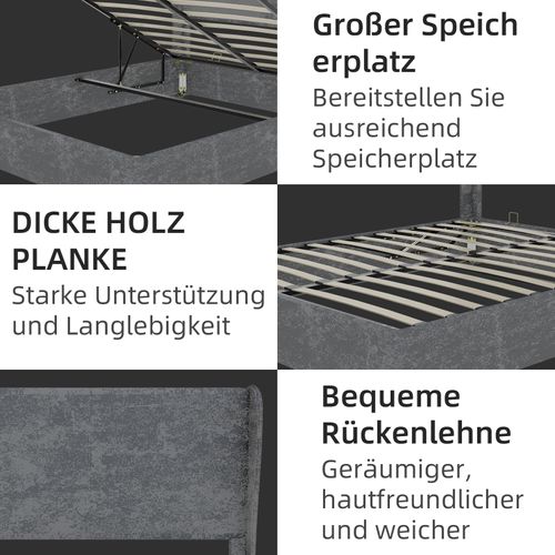 Lit Coffre 160×200 Cm - Tête De Lit Douce - Rangement Levage Hydraulique - Moderne - Velours - Gris