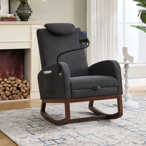 Fauteuil à Bascule Relax - Dossier Haut - Poches Latérales - Coussin Velours Côtelé - Bois - Gris