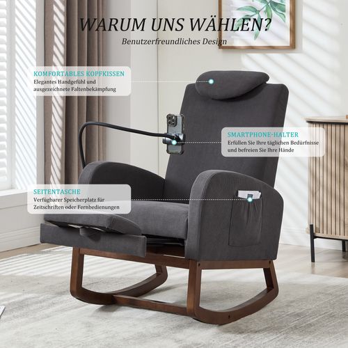 Fauteuil à Bascule Relax - Dossier Haut - Poches Latérales - Coussin Velours Côtelé - Bois - Gris