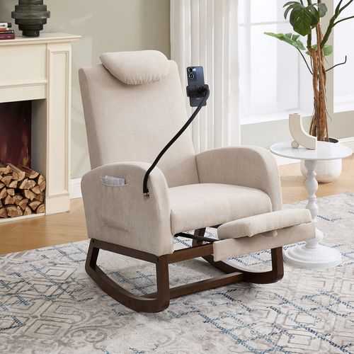 Fauteuil à Bascule- Repose-pieds - Dossier Haut -poches Latérales - Support Téléphone - Bois - Beige