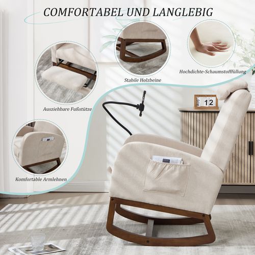 Fauteuil à Bascule- Repose-pieds - Dossier Haut -poches Latérales - Support Téléphone - Bois - Beige