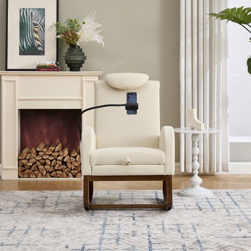 Fauteuil à Bascule Relax - Dossier Haut - Poches Latérales - Coussin - Velours Côtelé - Bois - Beige