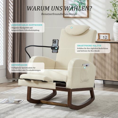Fauteuil à Bascule Relax - Dossier Haut - Poches Latérales - Coussin - Velours Côtelé - Bois - Beige