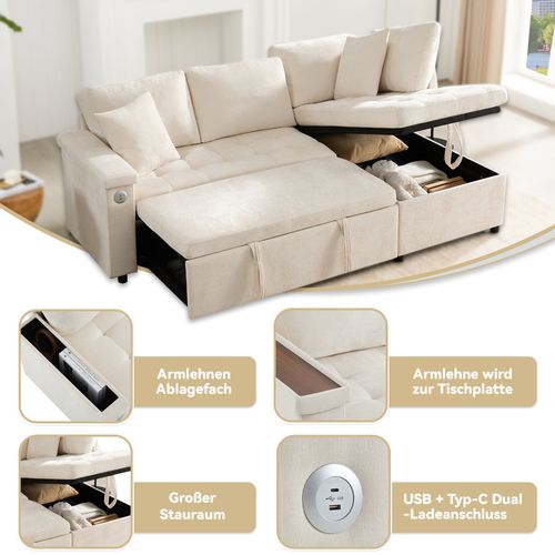 Canapé Convertible Moderne - Coffre De Rangement - Port USB - Tissu - Beige