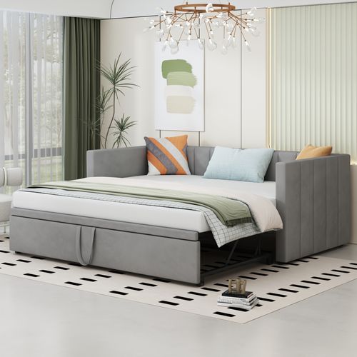Lit Gigogne 90/180x200 - Lit Multifonction Avec Sommier Convertible - Velours Doux - Gris Clair