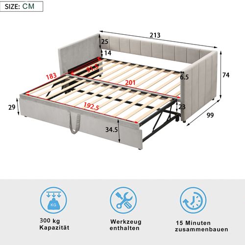 Lit Gigogne 90/180x200 - Lit Multifonction Avec Sommier Convertible - Velours Doux - Gris Clair