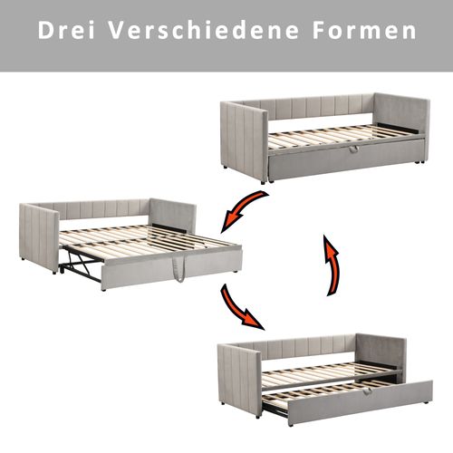 Lit Gigogne 90/180x200 - Lit Multifonction Avec Sommier Convertible - Velours Doux - Gris Clair