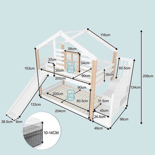 Lit Superposé 90x200 Cm - Mdf - Toboggan - Escalier De Rangement - Blanc