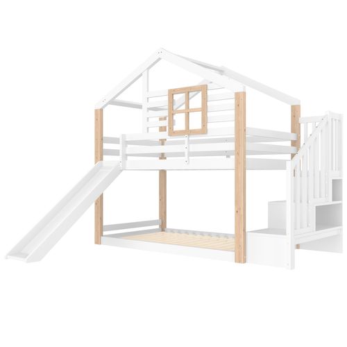 Lit Superposé 90x200 Cm - Mdf - Toboggan - Escalier De Rangement - Blanc