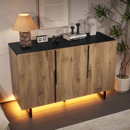 Buffet - Éclairage LED - Étagères Réglables - Pieds Métal Ajustables - Rangement Bois Pb - Naturel