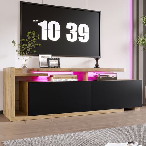 Meuble TV Bas Modulaire Avec LED Et 2 Tiroirs, Module Déplaçable En Mdf, Style Naturel