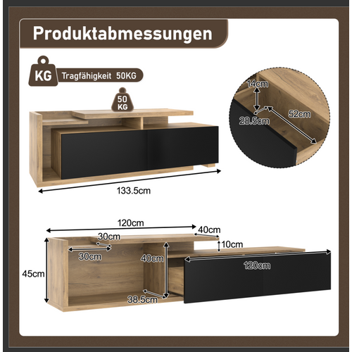 Meuble TV Bas Modulaire Avec LED Et 2 Tiroirs, Module Déplaçable En Mdf, Style Naturel