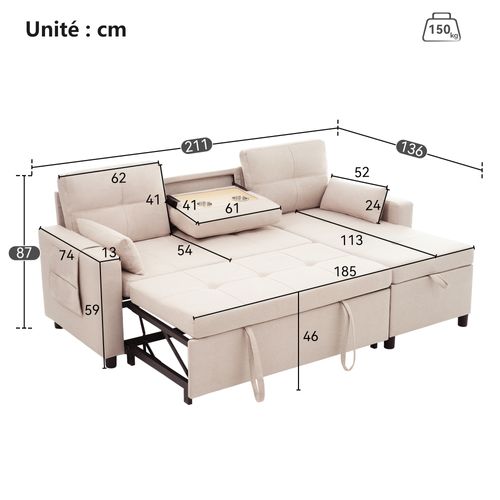 Canapé Convertible - Méridienne Réversible - Rangement - Porte-gobelet Intégré - Lin - Beige