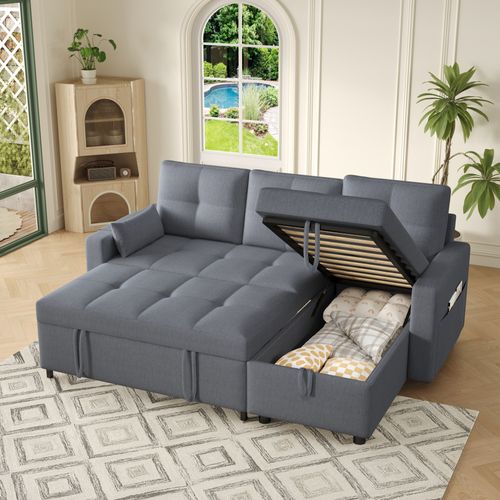 Canapé Convertible -Méridienne Réversible - Coffre De Rangement - Porte-gobelet Intégré - Lin - Gris